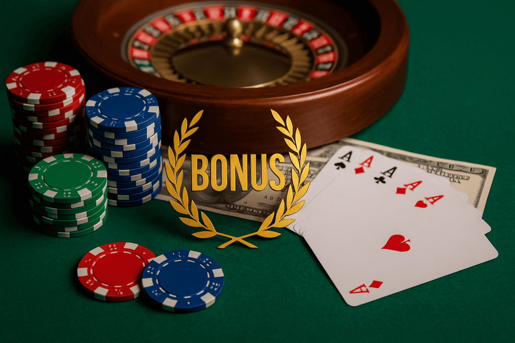 Bonusy online kasin – pokerové žetony, kostky a hrací karty symbolizující promo akce a odměny
